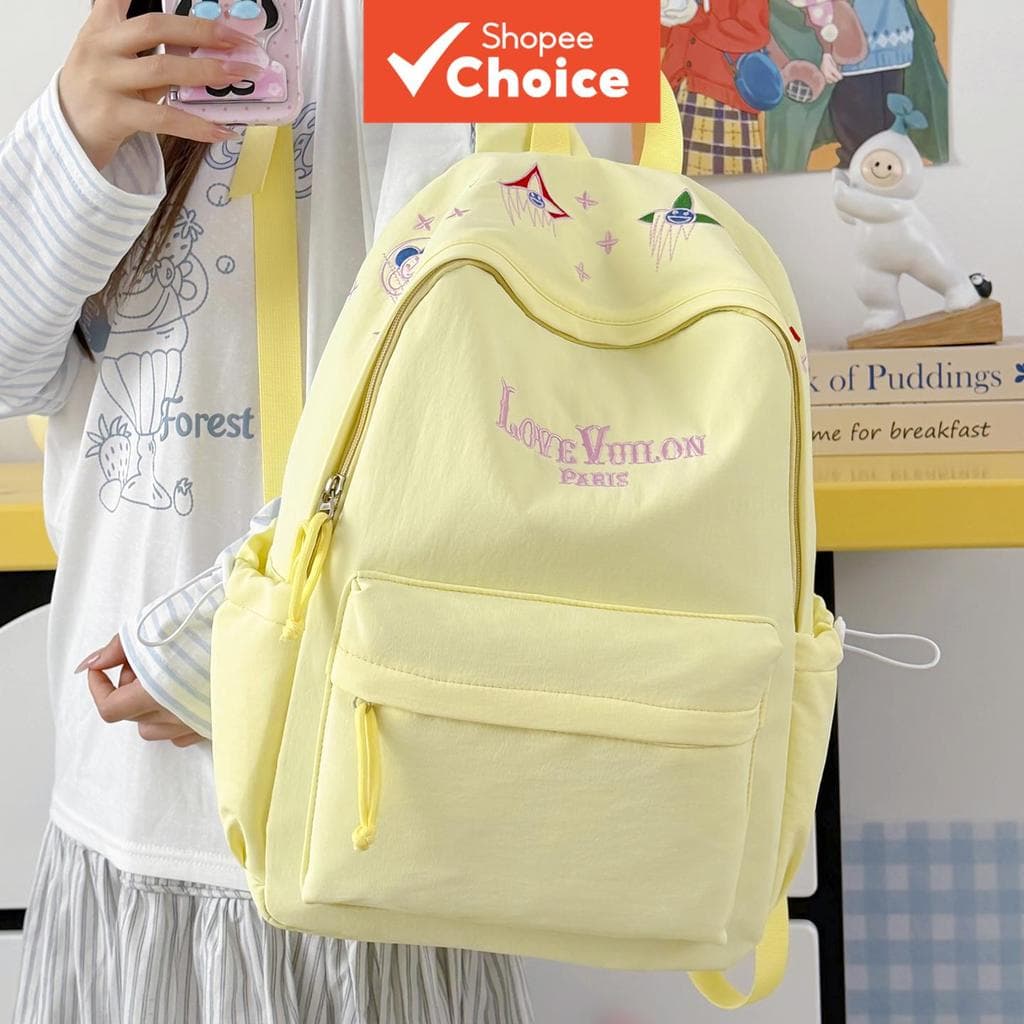 Mochila de Nylon com Bordado Floral e Letra Kawaii, Grande Capacidade, Leve, Casual, para Estudantes, Ideal para Trilhas