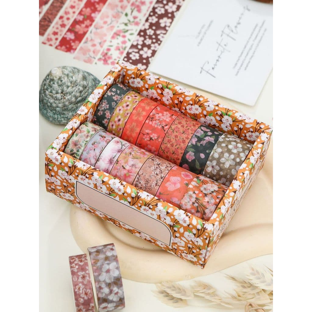 Fita de manual romântica série flor de cerejeira 14 rolos em cores Retro Planta Flor Fita Washi Conjunto de caixa de pre