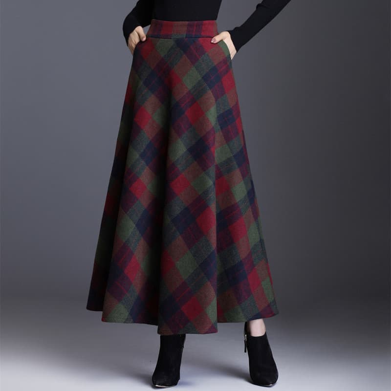 Saia xadrez de lã feminina saia de inverno comprimento médio cintura alta saia evasê bainha grande saia longa de lã 9.4