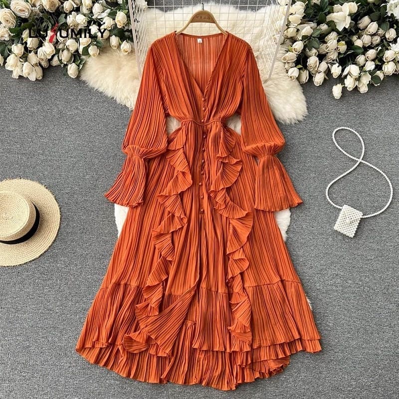 Vestido Longo Vintage Feminino, Vestidos de Festa de Manga Longa, Vestido Casual Drapeado e Plissado para Primavera e Ve