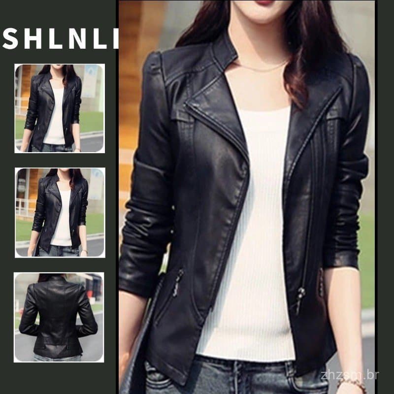 Jaqueta Feminina de Couro PU Americana, Cor Sólida, Corte Slim, Minimalista e Elegante, Jaqueta de Motociclista com Zípe