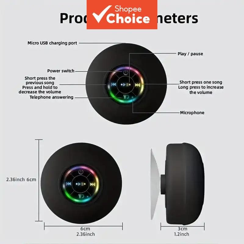 Caixa de Som Bluetooth Compacta IPX4 à Prova d'Água para Chuveiro com Luz LED, Chamadas Mãos Livres, Recarregável via
