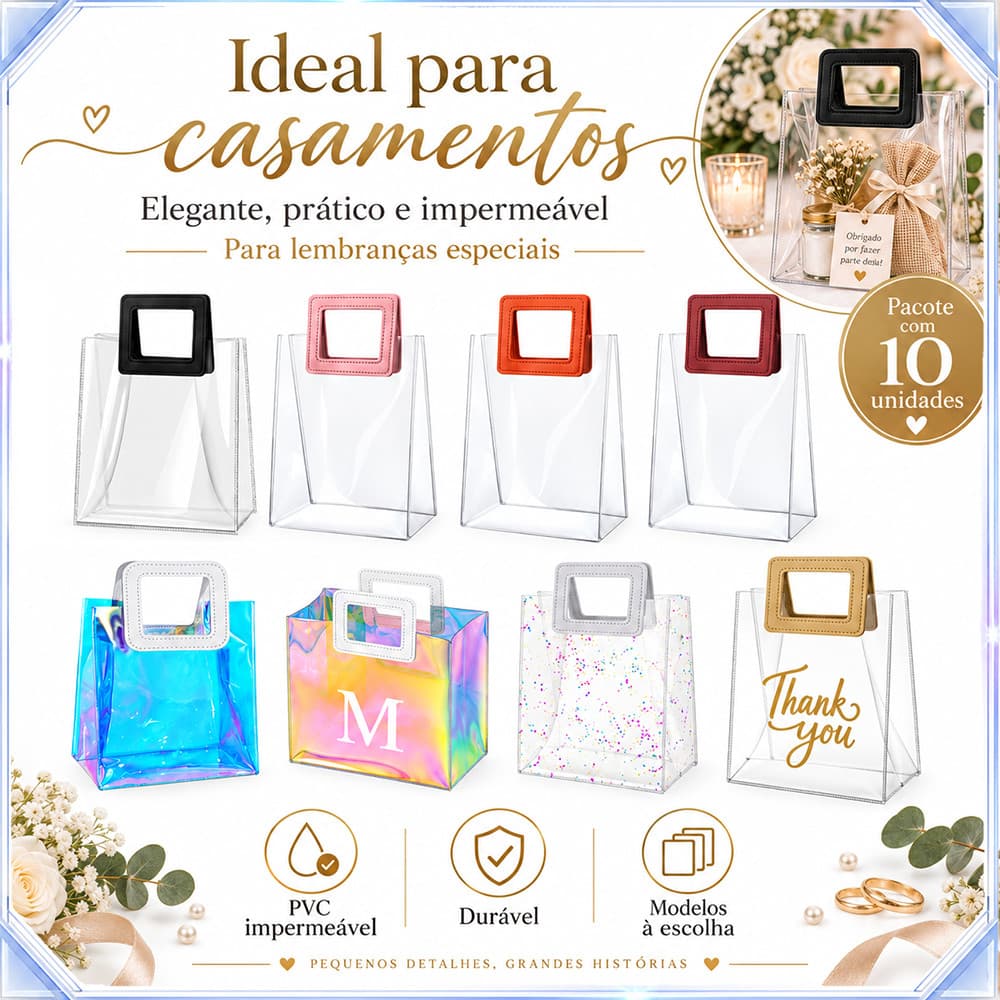 10 peças sacola quadrada estilo opcional Material PVC impermeável durável adequado para festa, casamento