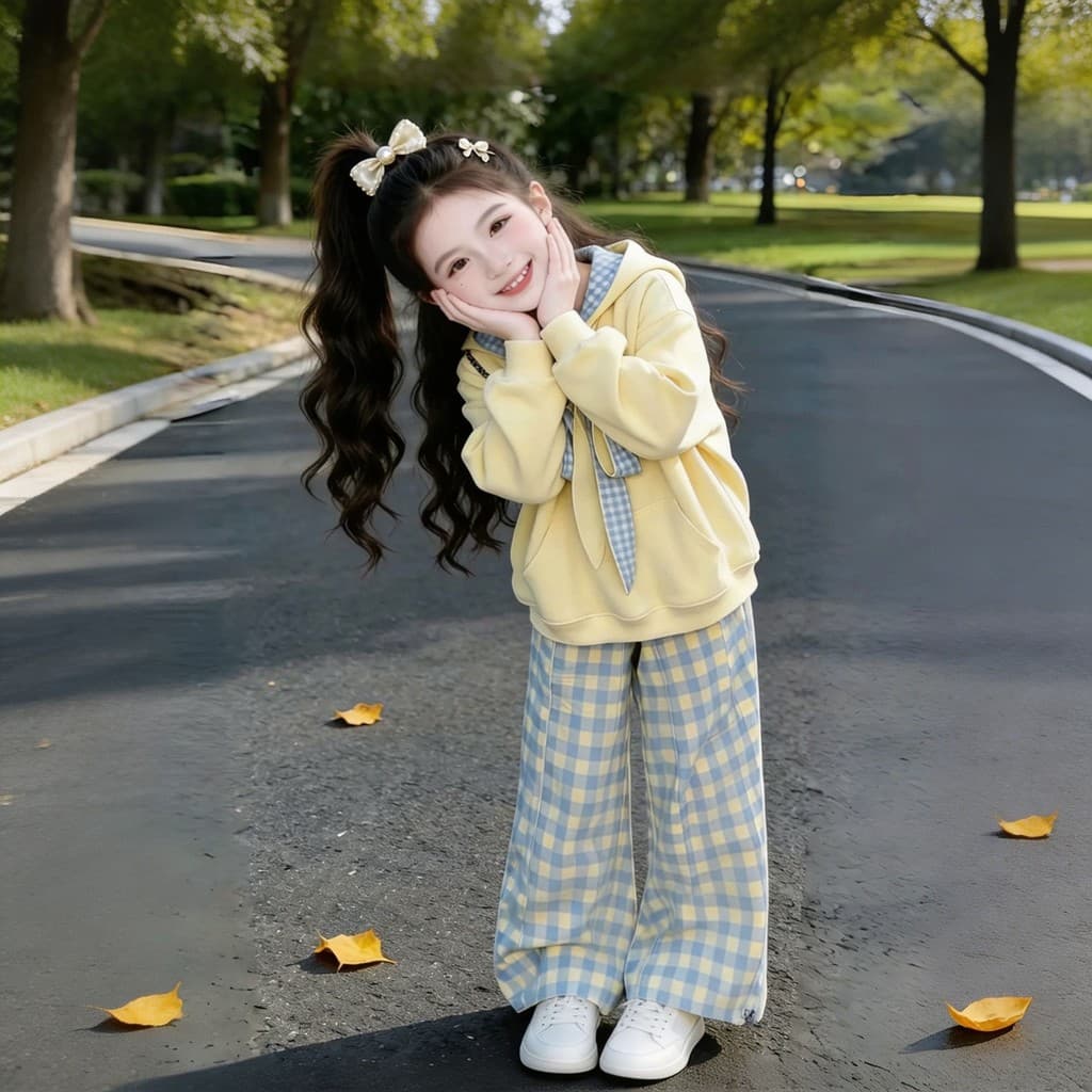 Meninas primavera outono terno 2026 Bowknot estilo ocidental rendas moletom Casual médio grande crianças calças xadrez t