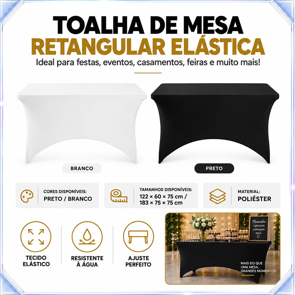 Toalha de mesa elástica retangular preta/branca, tamanho disponível, Material de poliéster adequado para festa, festa