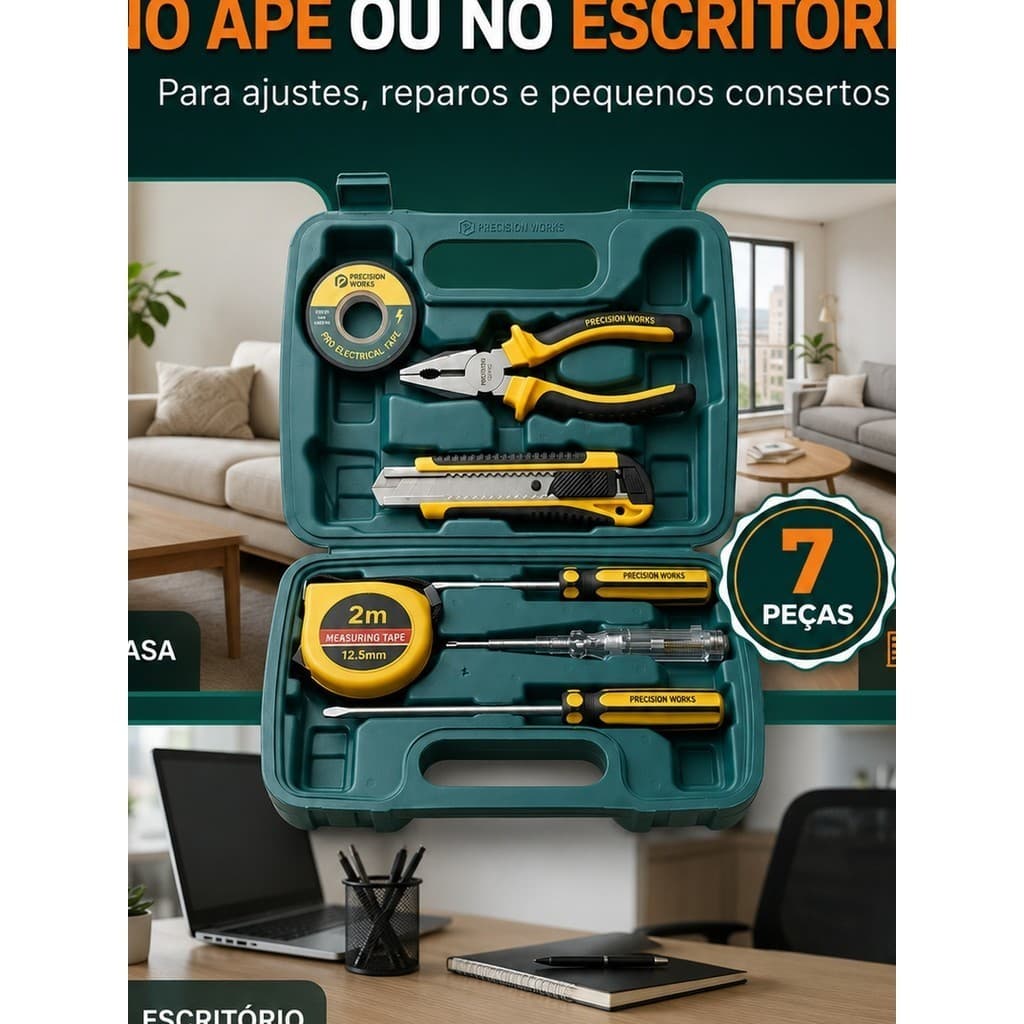 Maleta Ferramentas 7 Peças Alicate Trena Estilete Chaves Teste Reparos Manutenção Residencial Casa