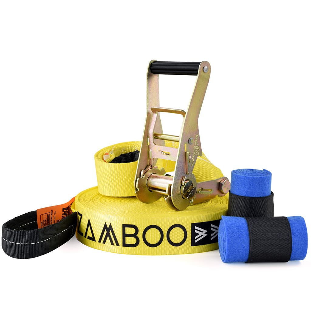 Slackline Zamboo Kit StartLine 15m Amarelo Com Catraca Reforçada Protetores