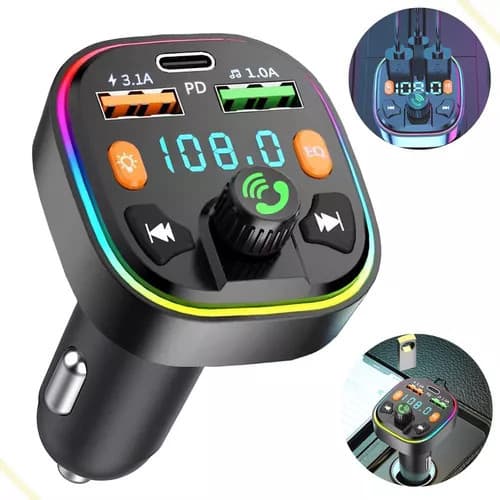 Plus01 Transmissor FM Bluetooth Carregador Veicular CD01 | Turbo 3 Portas (Tipo C 20W + 2 USB) e RGB