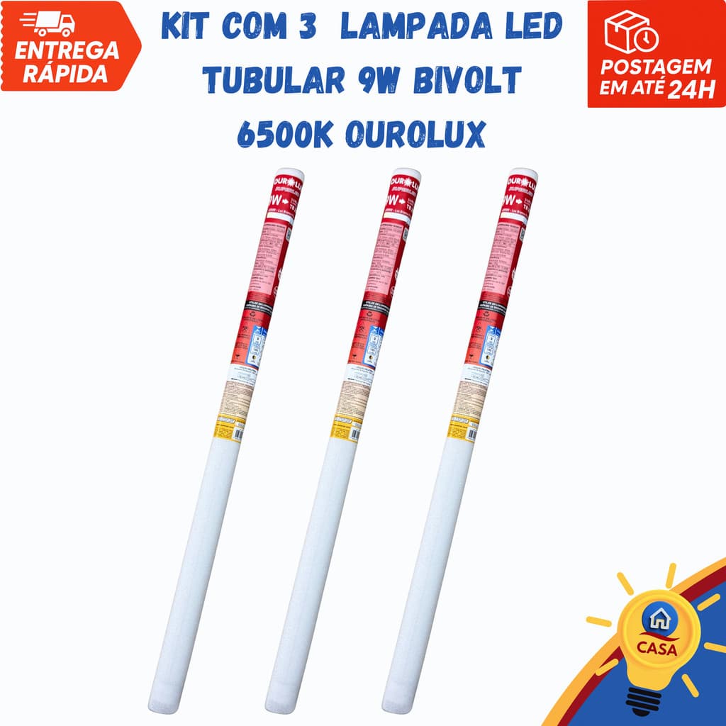 LAMPADA LED TUBULAR 9W BIVOLT 6500K OUROLUX - KIT COM 3 UNIDADES