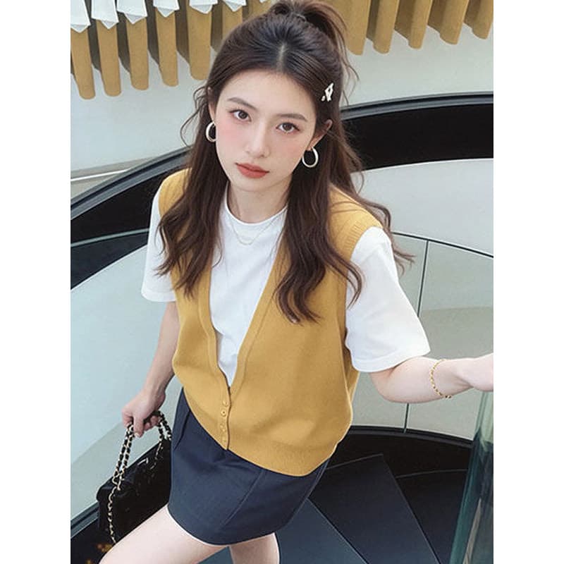 Tamanho grande estilo coreano colete de malha falso de duas peças de manga curta camiseta verão novo estilo ligeiramente