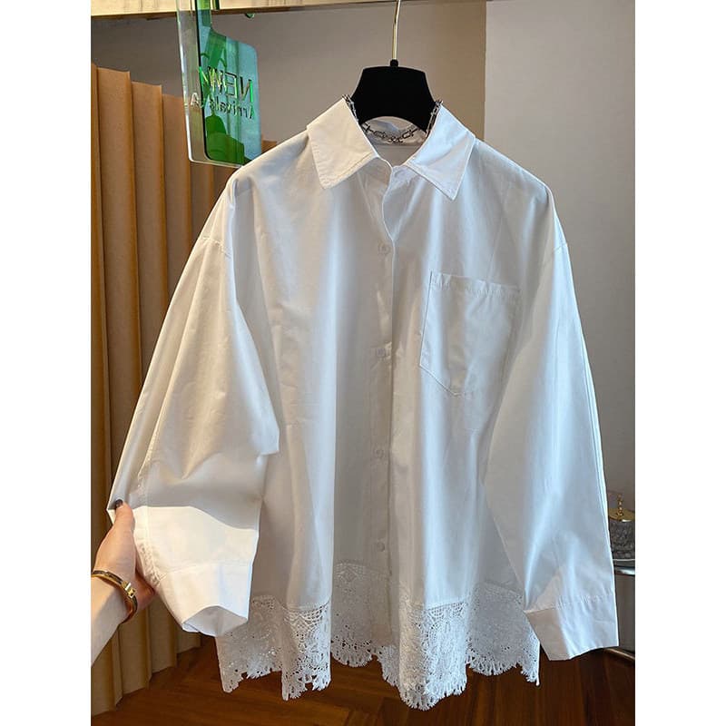 Zmo Qinghe ~ Francês Retro Costura Renda Falso Camisa de Duas Peças de Algodão Puro Senhoras Manga Comprida Branco Casua