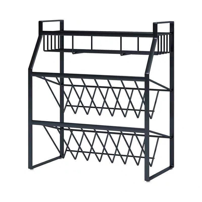 Organizador de cozinha criativo para condimentos, com três níveis e suporte para potes de molho pretos.