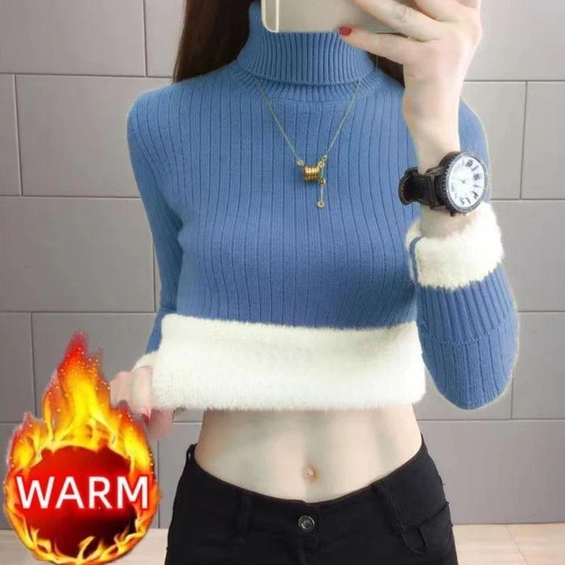 Suéter Elegante de Inverno para Mulheres, Gola Alta, Forrado com Veludo Grosso, Quente, Pulôver Tricotado com Forro KIJZ