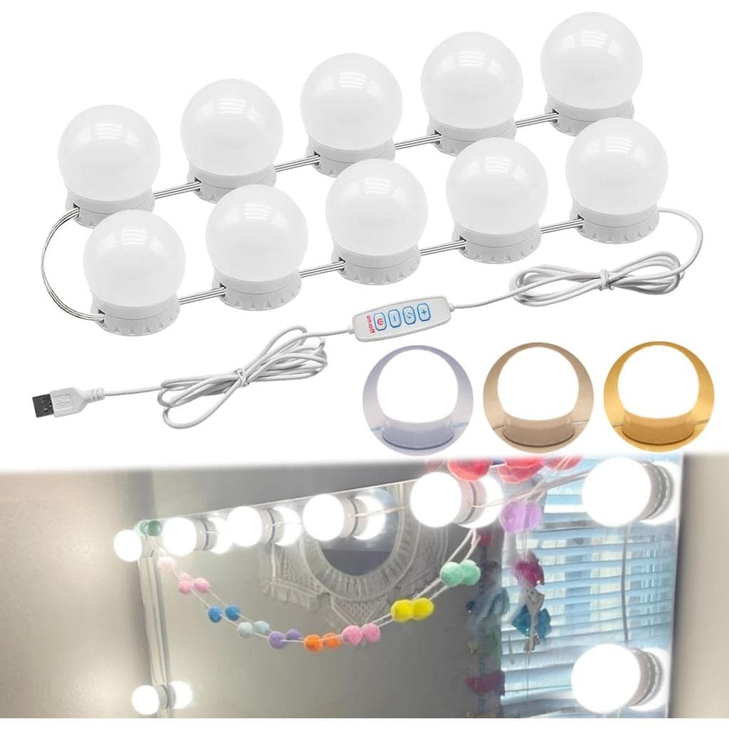 Luzes LED para Espelho de Maquiagem, 10 Lâmpadas Reguláveis, 3000K 4500K 6500K e Brilho Ajustável, Luzes para Espelho Ho