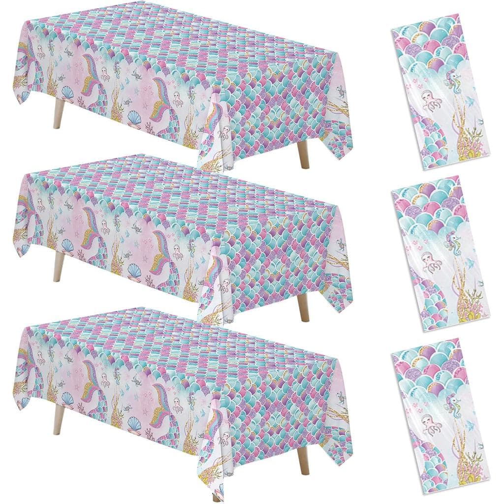 Toalha de Mesa para Decoração de Aniversário de Sereia Xigejob, 3 Peças Descartáveis com Tema Oceano, Brilhante, Cauda d