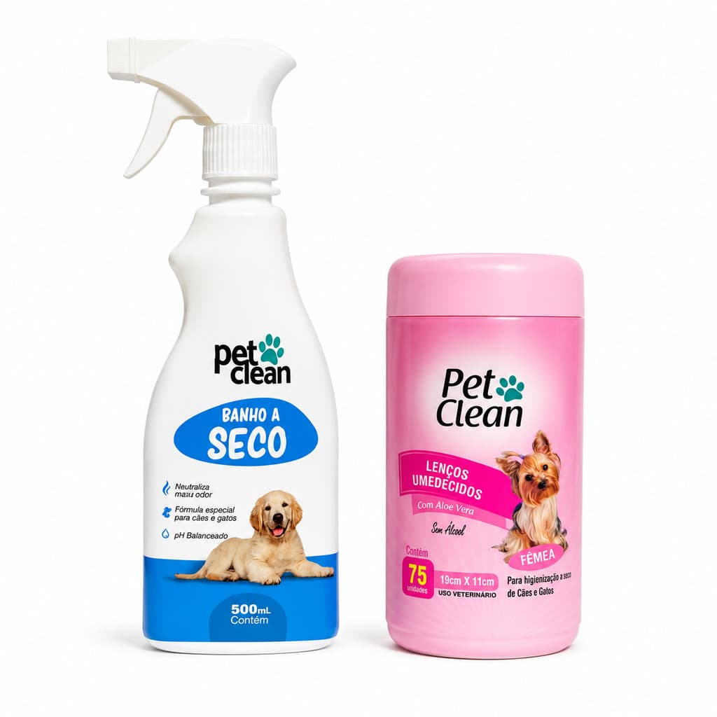 Kit Banho a Seco + Lenço Umedecido Fêmea para Cães Banho Sem Enxágue Pet Clean