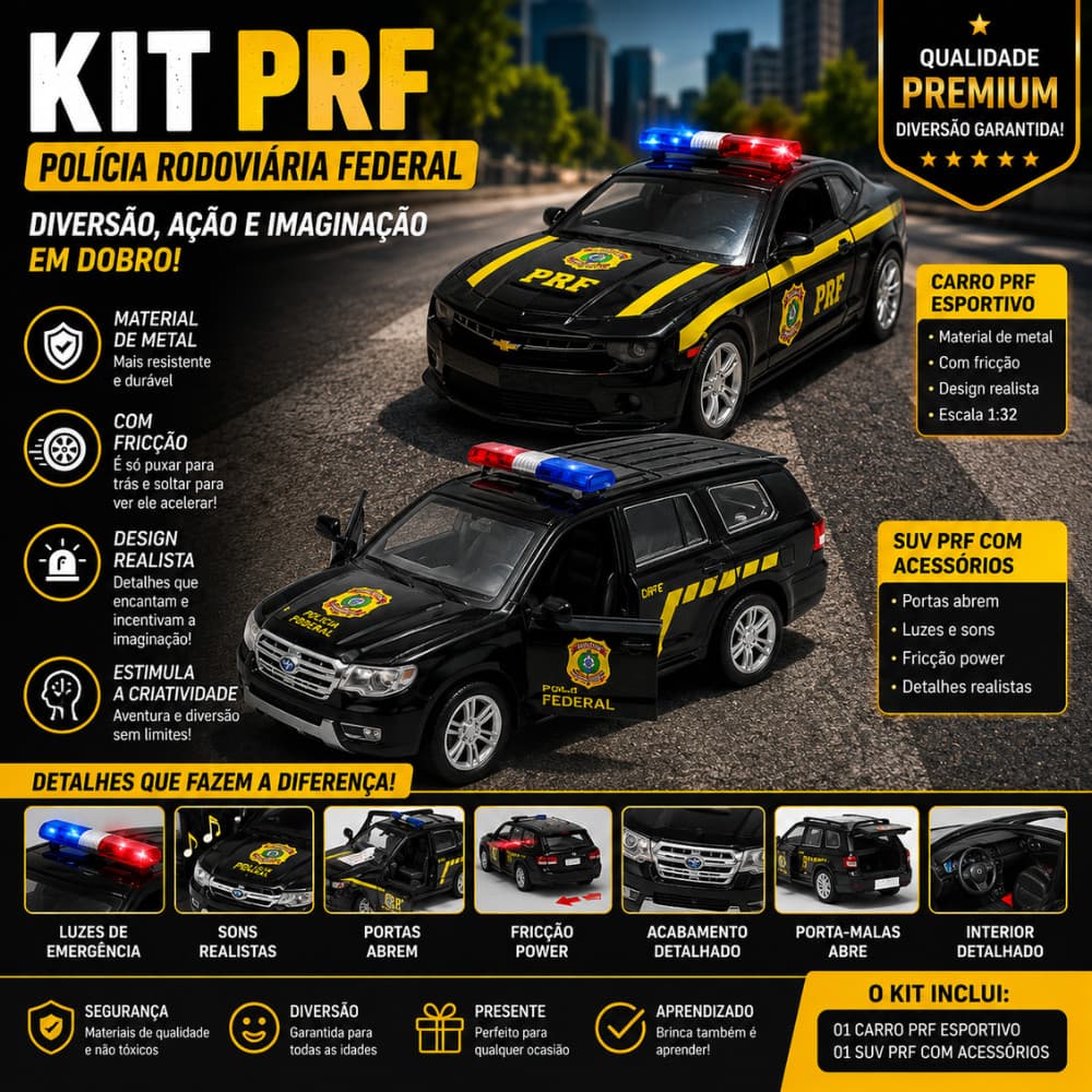 Carrinhos Polícia Rodoviária Federal PRF Metal Fricção Luz Som Portas Abrem SUV e Carro Esportivo Infantil