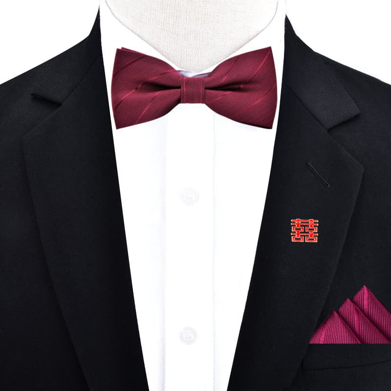 Masculino casamento noivo gravata borboleta bolso quadrado quadrado quadrado broche conjunto de três peças vermelho pret