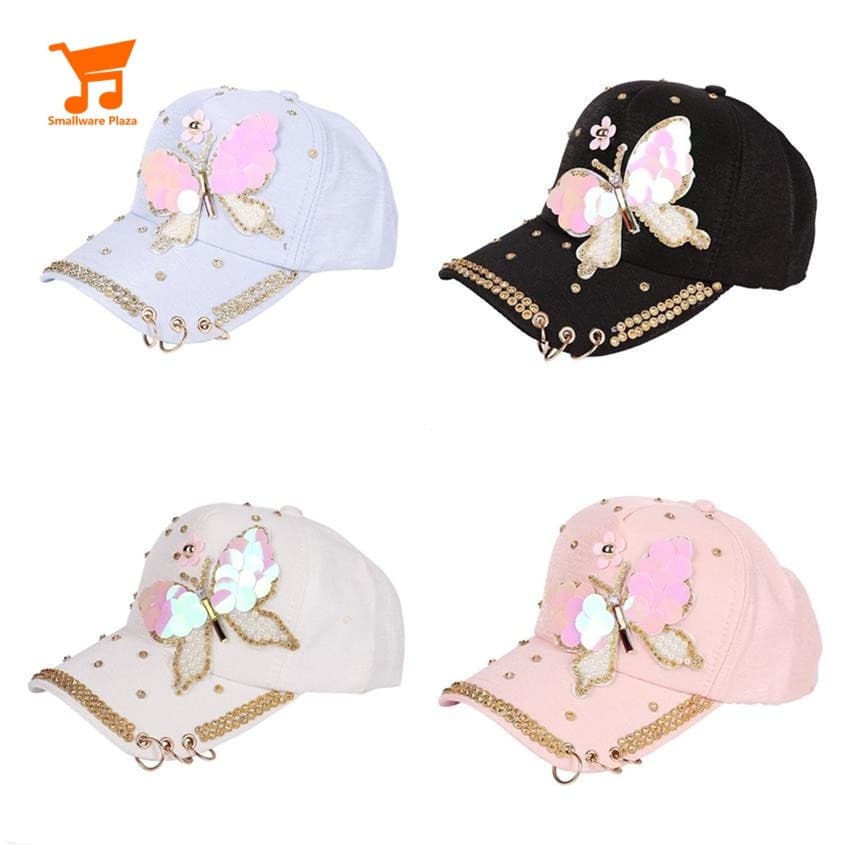 Boné feminino ajustável estilo hip-hop com padrão de borboleta, adequado para meninas, com lantejoulas de pérola e Ane B