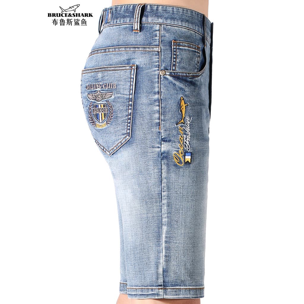 Verão masculino Shorts retos masculino fino solto Jeans Bruce Shark Street Wear bordado cinco pontos calças masculinas