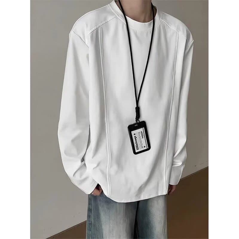 Branco pequeno decote ombro manga comprida camiseta masculina outono inverno americano Retro de secagem rápida moletom p