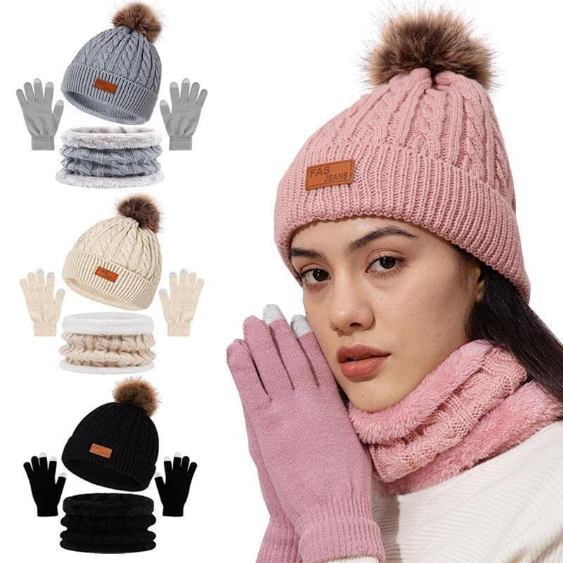 3 Pçs/Set Feminino Chapéu De Inverno Cachecol Luvas Bola De Pele Do Falso Adolescente Meninas Malha Gorro Pescoço Mais Q