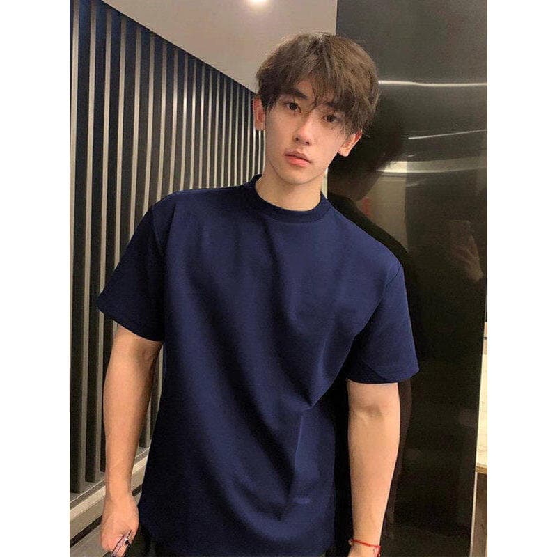 Azul marinho americano pesado camiseta masculina High-End verão Wear Xinjiang algodão de manga curta cleanfit Bottoming