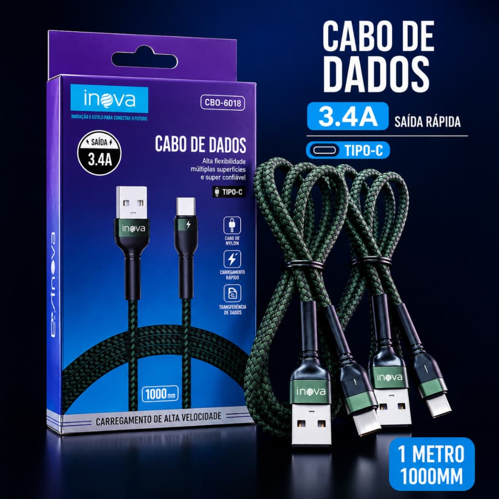 3 Cabos Tipo C Inova Turbo 3.4A Carregador Rápido Nylon Premium