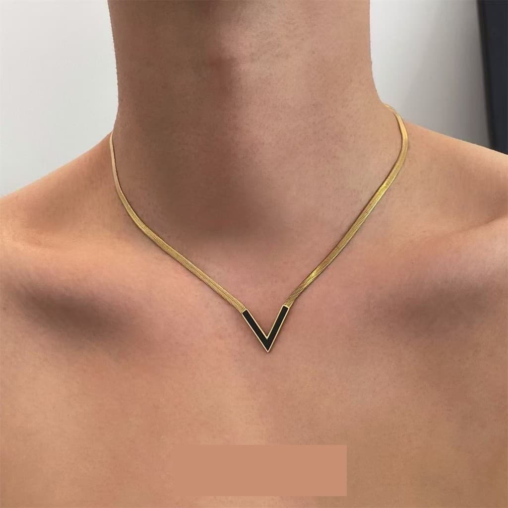 Corrente de osso de cobra curta em forma de V, colar masculino de aço de titânio, estilo legal, corrente de clavícula fe