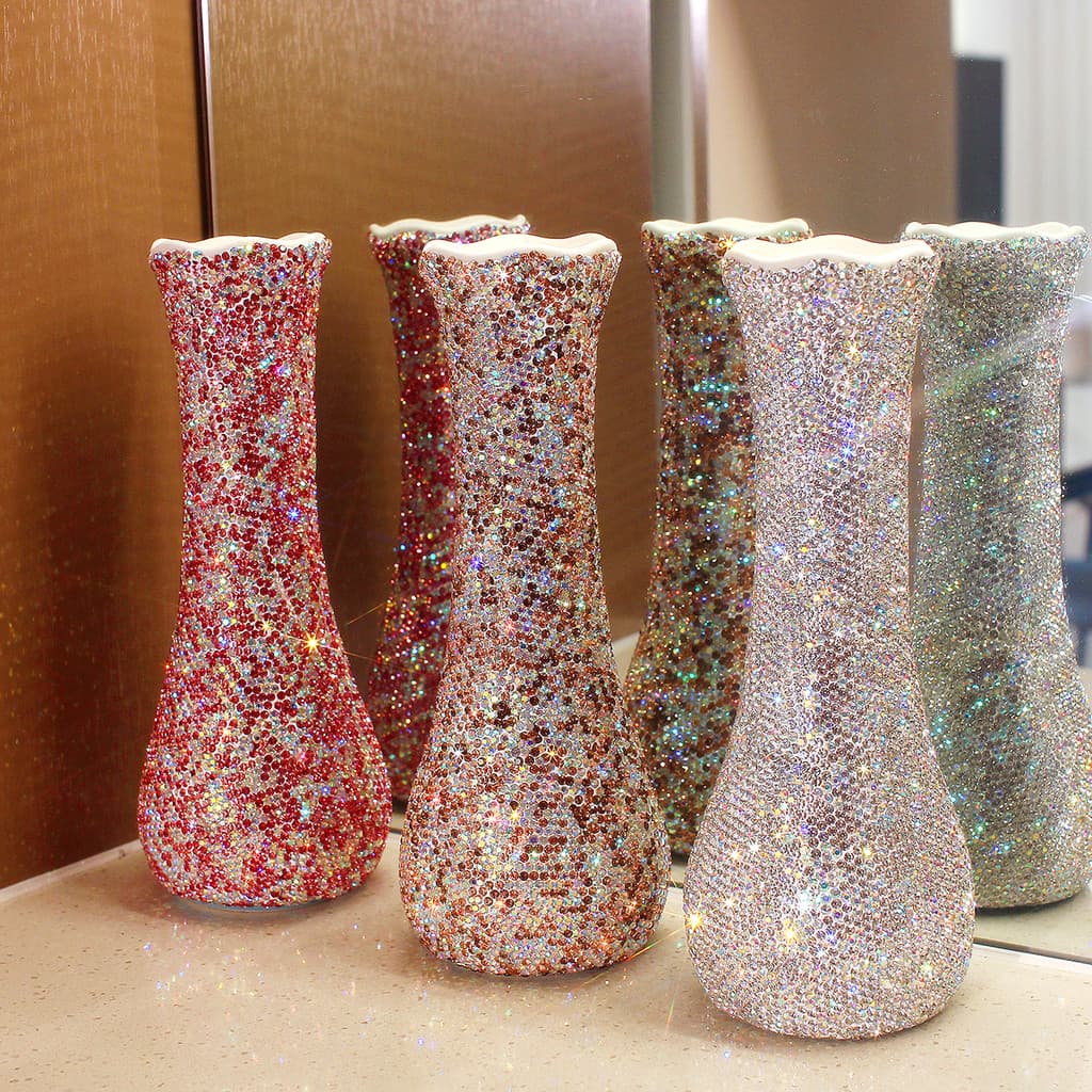 Vaso cravejado de diamantes de luxo com luz europeia, influenciador de elevação de água, vaso de sala de estar, flor sec