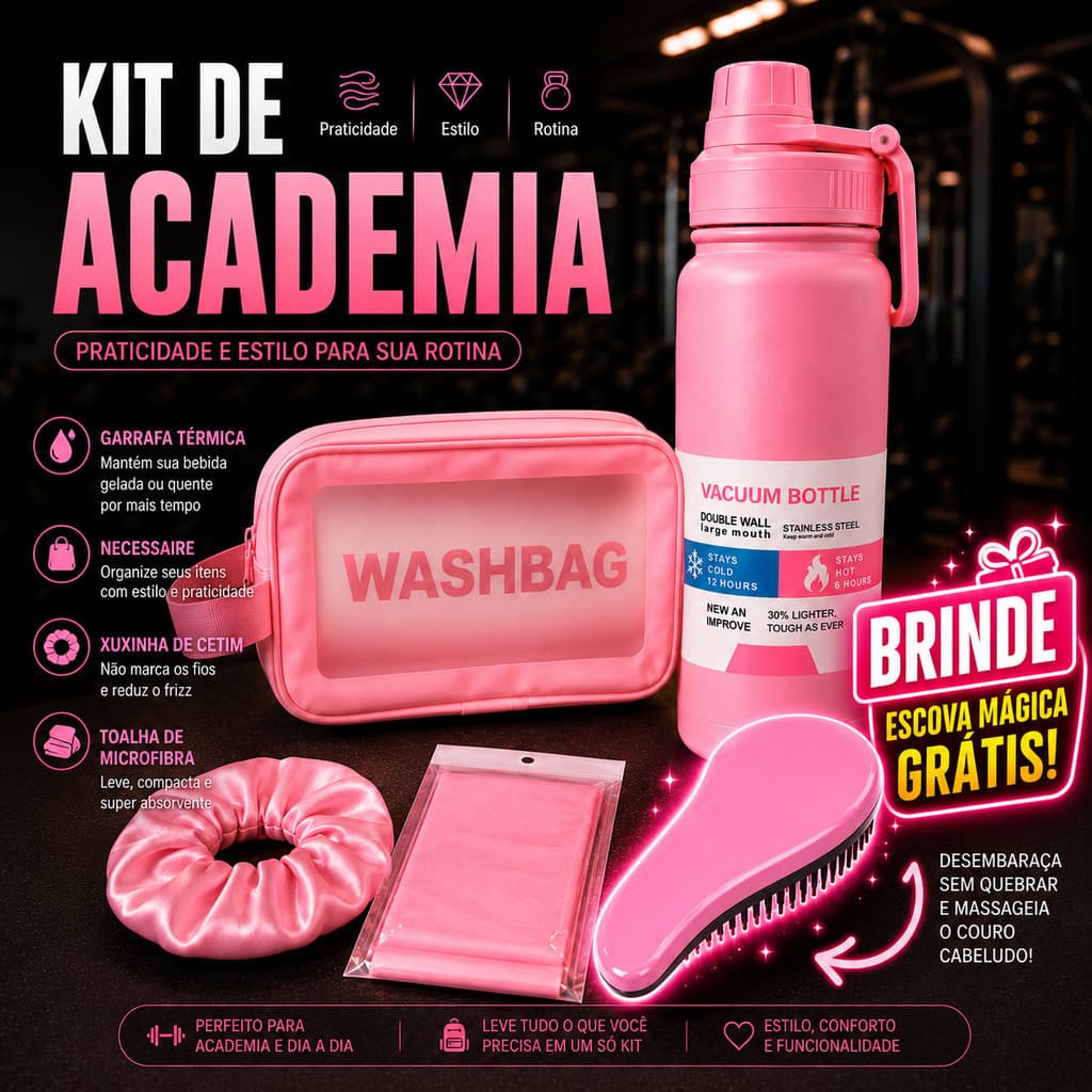 Kit Funcional Rosa Para Dia a Dia Academia Garrafa Necessaire Escova e Acessórios