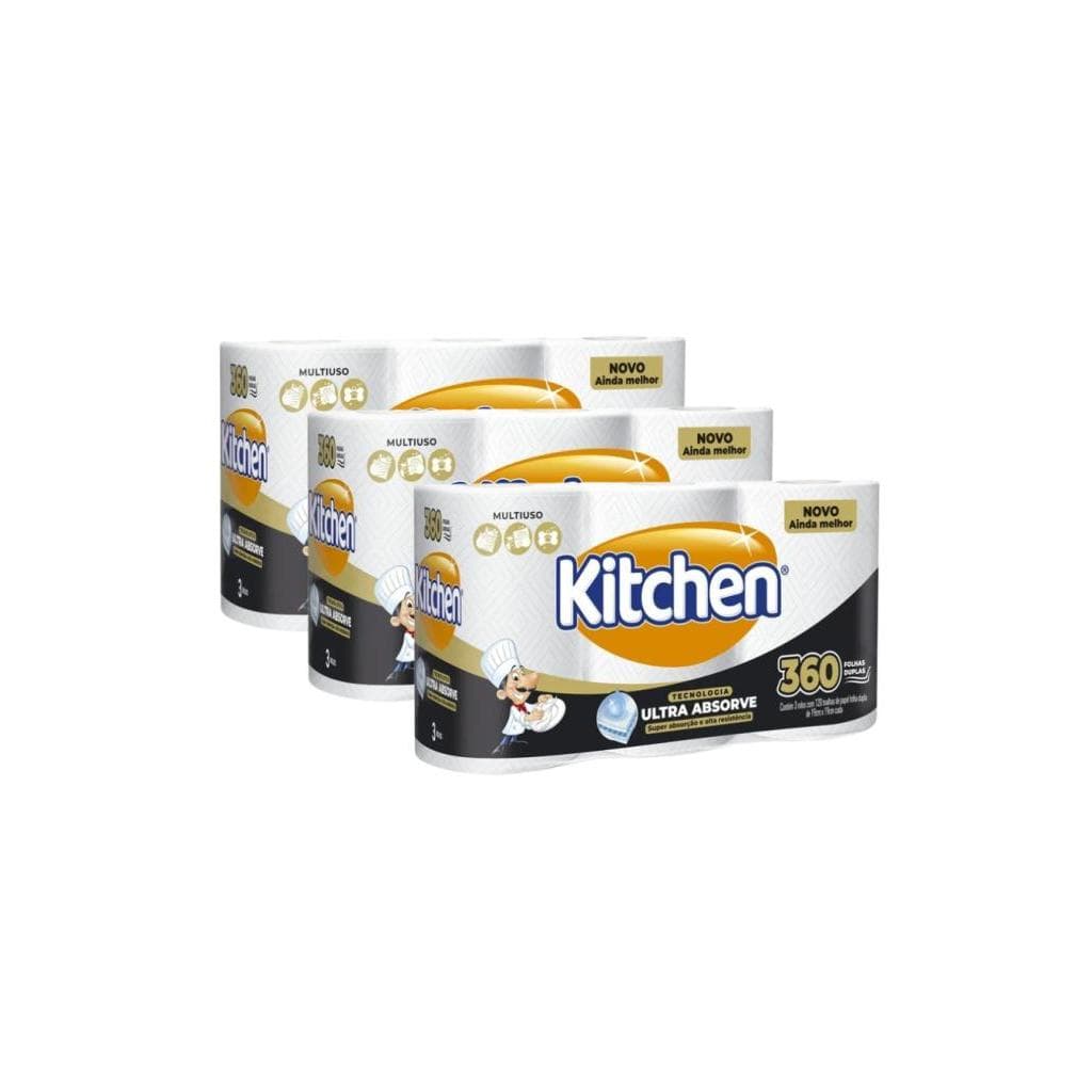 Kit 3 Papel Toalha Jumbo Kitchen com 360 Folhas Dupla - 3 PACOTES