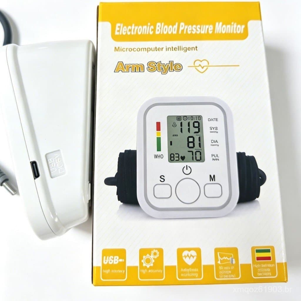 Monitor eletrônico de pressão arterial para uso doméstico, tipo braçal, totalmente automático com transmissão de voz, fa