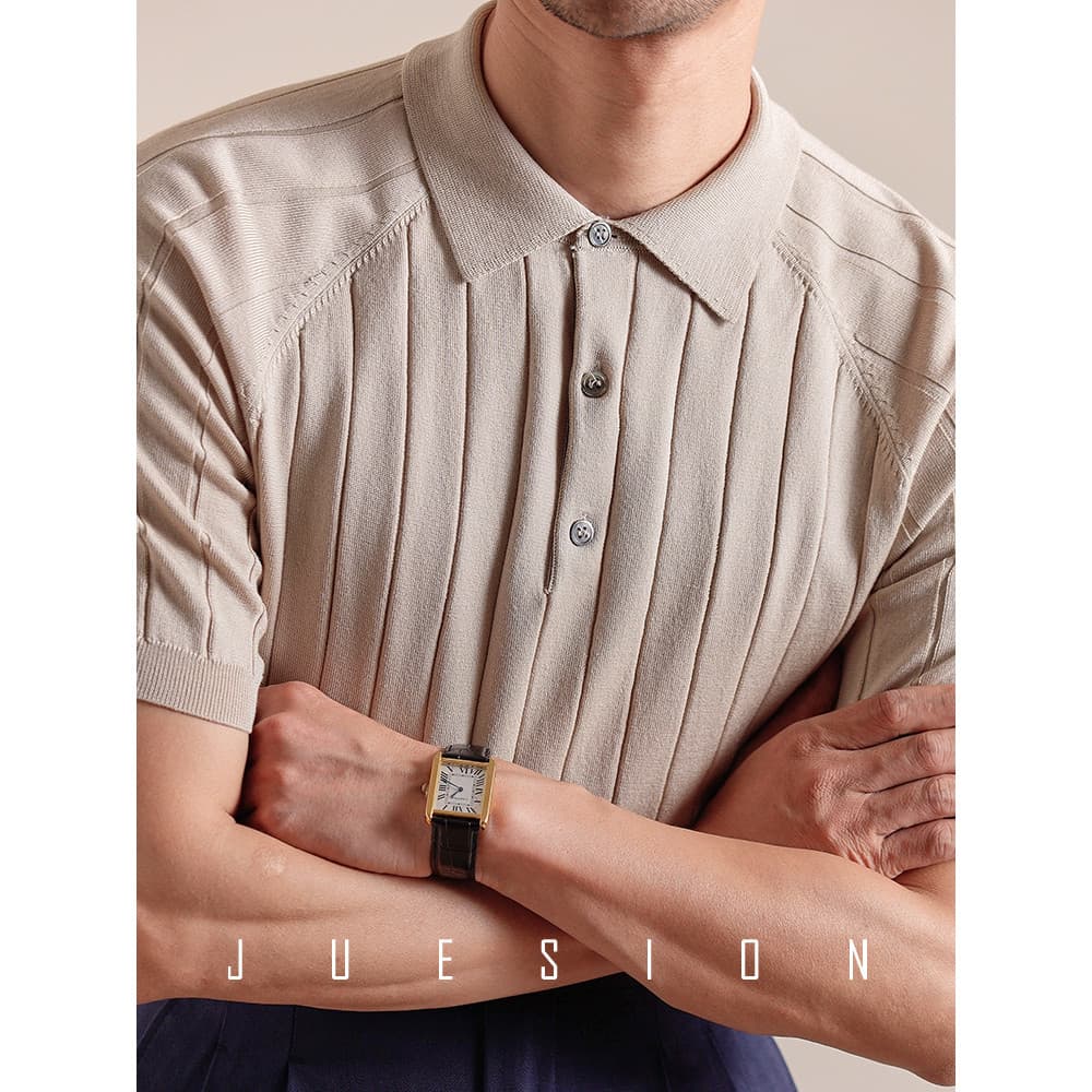 [Acetar seda 16 agulhas] JUSION lapela italiana malha leve camisa POLO masculina verão negócios Casual camiseta