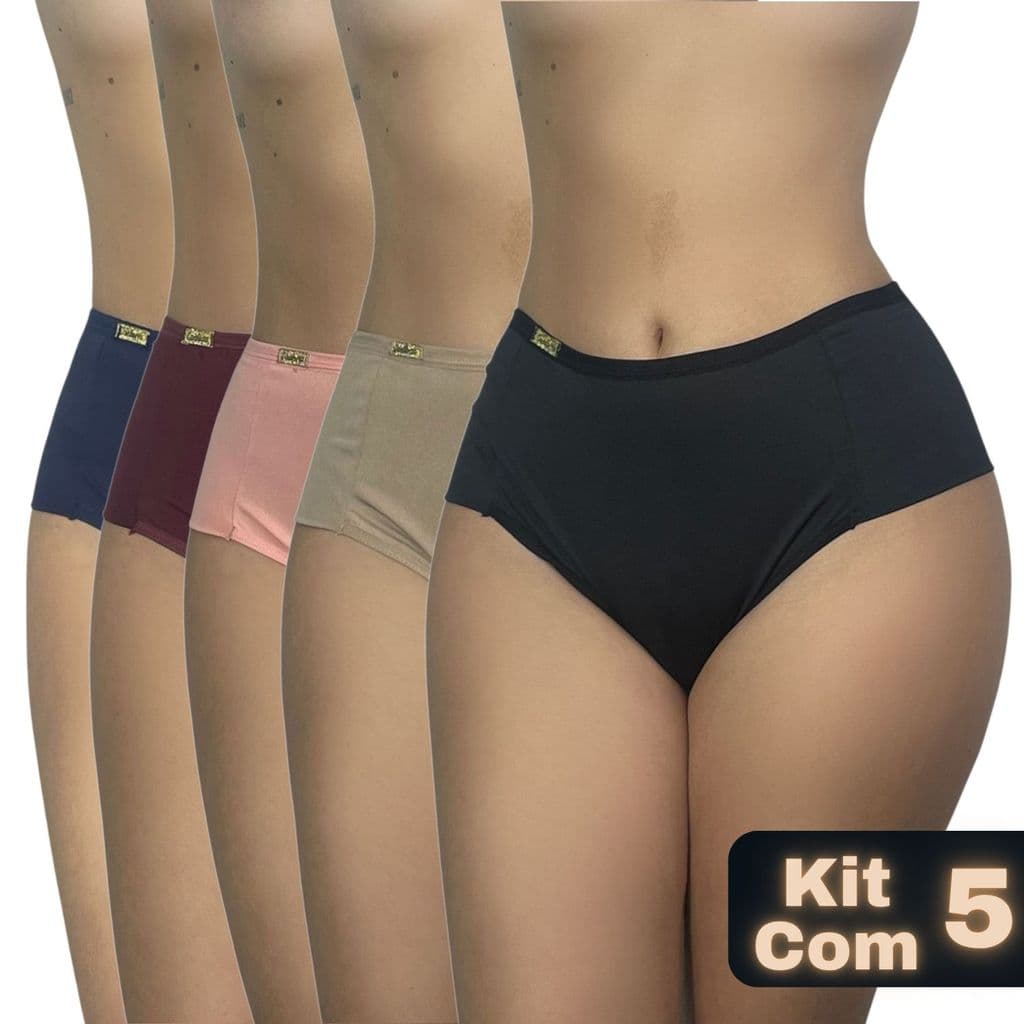 Kit 5 Calcinhas Conforto Gestante Cintura Segura Barriga Cós Alto
