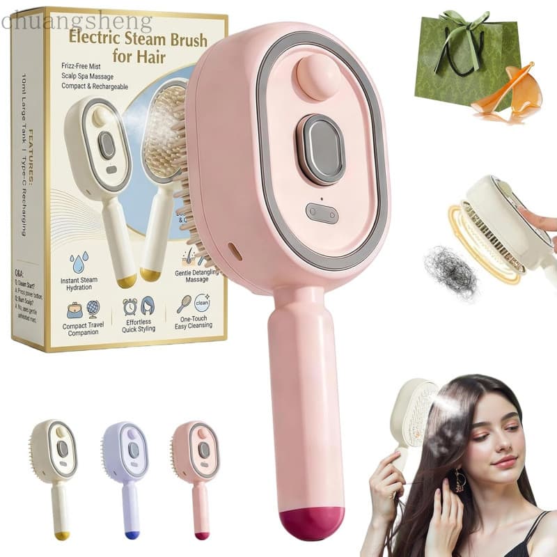 Escova de Massagem com Almofada de Ar e Spray Elétrico, Recarregável, 3 em 1, com Vapor e Óleo Essencial, Antiestática e