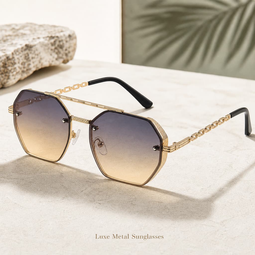 Óculos De Sol De Metal Hexagonal UV400 Para Mulheres E Homens , Tons De Moda De Templo De Corrente , Leves De Baixo Luxo
