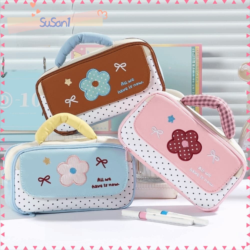 Estojo de Lápis LUCKY-SUSAN1, Bolsa de Papelaria com Zíper de Bolinhas, Alça Macia, Caixa com Múltiplos Bolsos, Uso em E