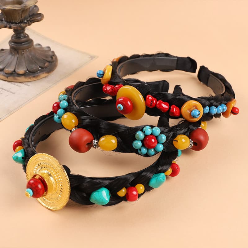 Estilo tibetano estilo étnico mão-trançado bandana peruca turquesa cera de abelha Headwear crianças feminino dança desem