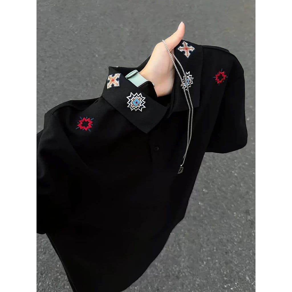 Camisa polo bordada americana de manga curta masculina verão estilo fino respirável High-End lapela camiseta casal Casua