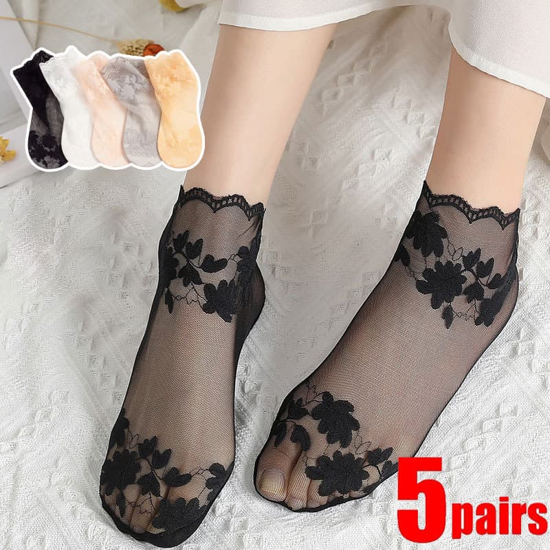 5 Pares De Meias Elásticas Respiráveis De Verão Para Mulheres , Meia De Barco De Folhas Finas , De Renda Transparente In