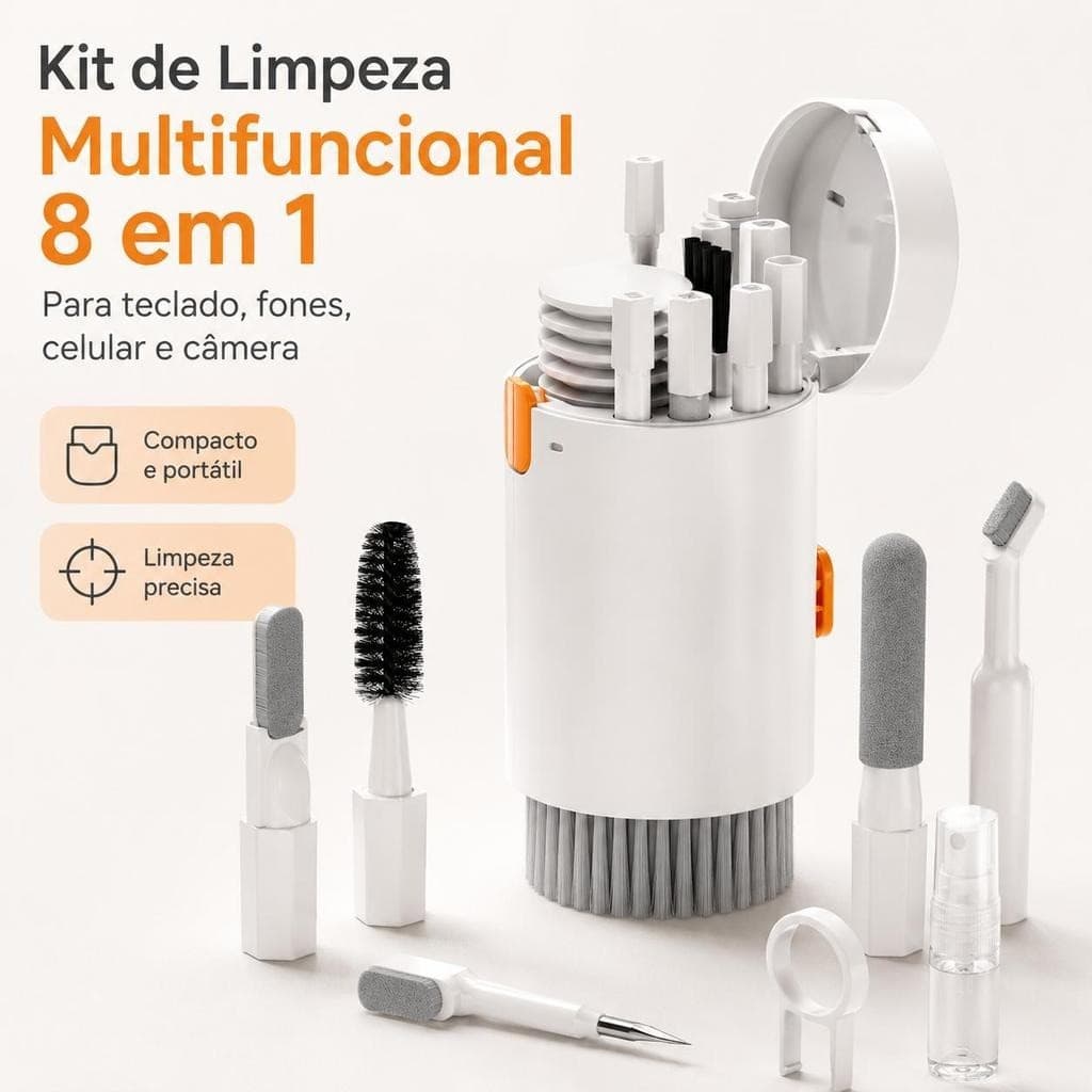 Kit de Limpeza Multifuncional 8 em 1 para Teclado, Fones, Celular, Notebook e Câmera com Escova e Acessórios Portáteis