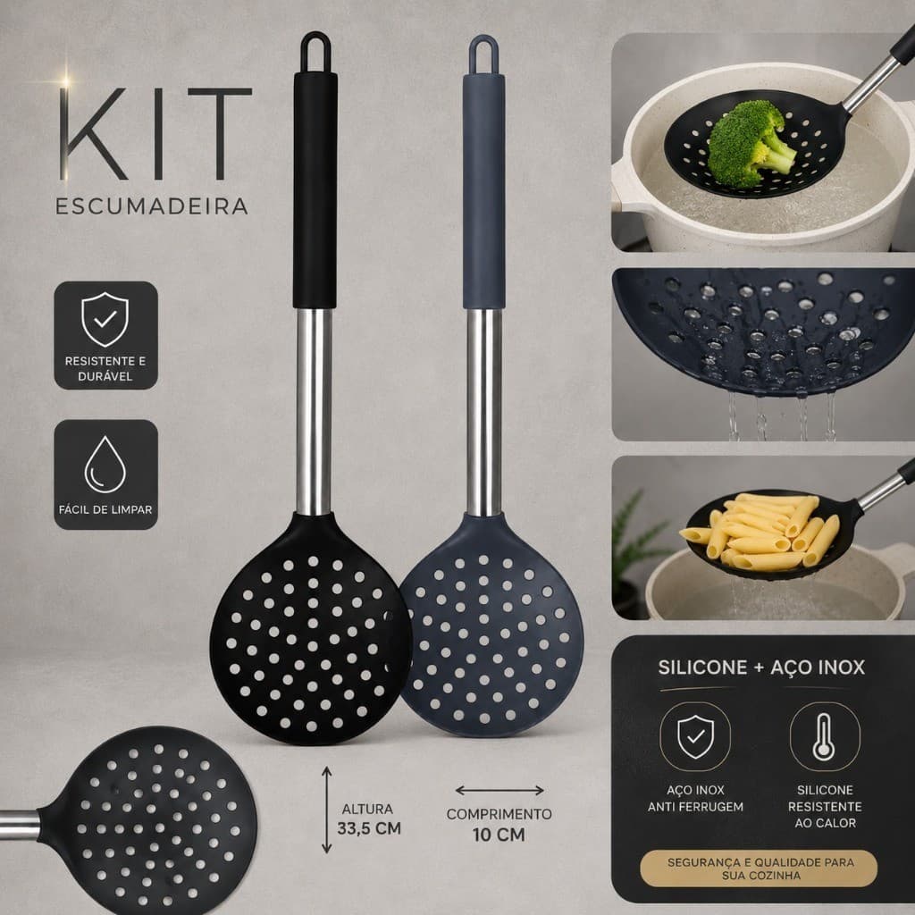 Kit 3 Escumadeiras Silicone e Aço Inox Resistente Ao Calor Cozinha Premium