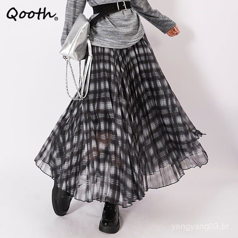 Saia Midi de Tule Xadrez Qooth, Corte A Fluido, Estampa Vintage QT2744 DCKH