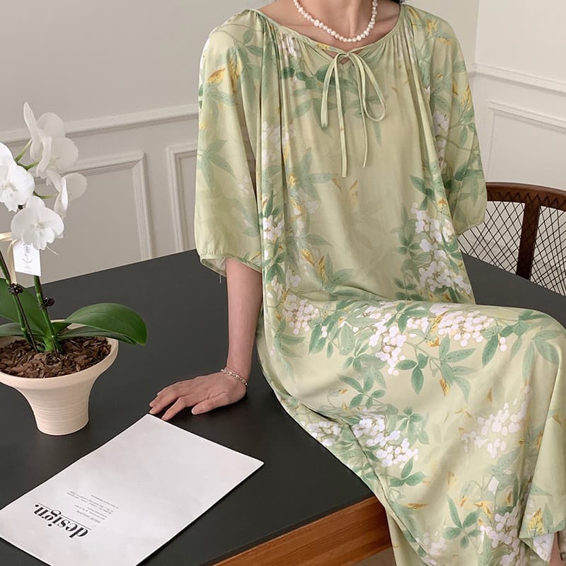 Camisola nacional feminina High-End algodão seda pijamas férias à beira-mar novo estilo chinês algodão seda saia longa e