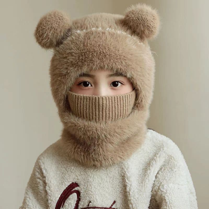 Máscara de urso de pelúcia com gorro integrado, balaclava de inverno com proteção para as orelhas, gorro de malha fofo e