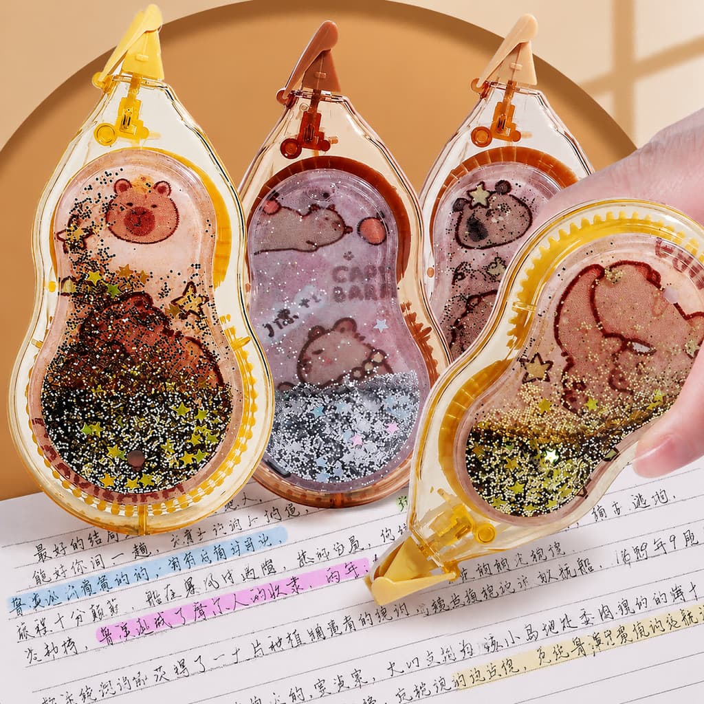 Kit  Fitas Corretivas Kawaii 12m x 5mm Cartoon e Glitter Líquido Escola Escritório
