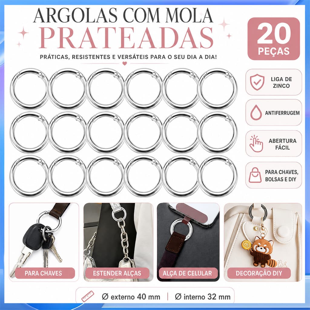 20 peças 40mm prata primavera aberta chaveiro à prova de ferrugem faça você mesmo anel pingente artesanal