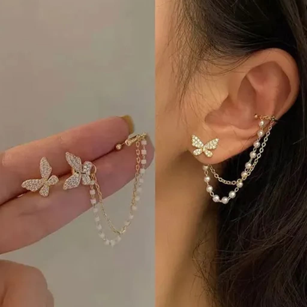 Brincos Piercing Borboleta Cravejado Banhado Ouro