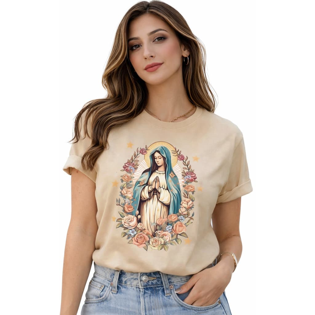 Camiseta Feminina Country Virgem Maria Estampada Estilosa 100% Algodao